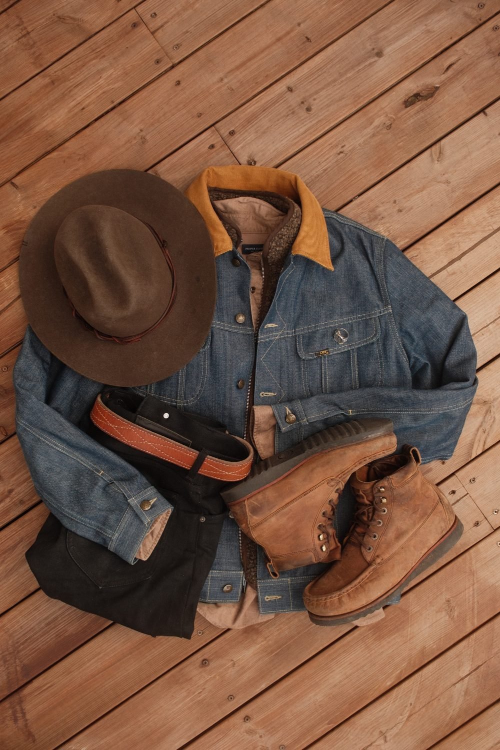 Heritage clothing textures with denim canvas and leather beside boots